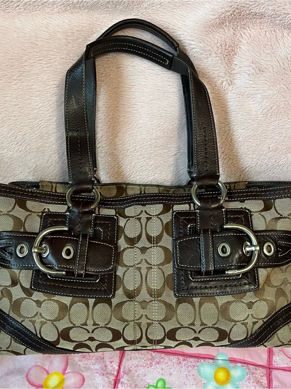 Coach Brown Signature Jacquard Shoulder Bag with Dark Brown Leather Trim